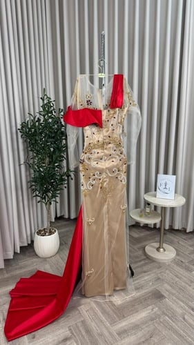 فستان سهره مطرز فخم بيج