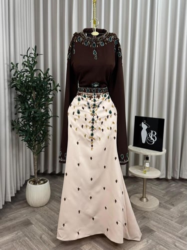 فستان سهره مطرز فخم بني على بيج