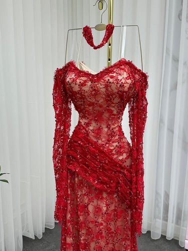 فستان سهره مطرز فخم احمر كحلي زيتي