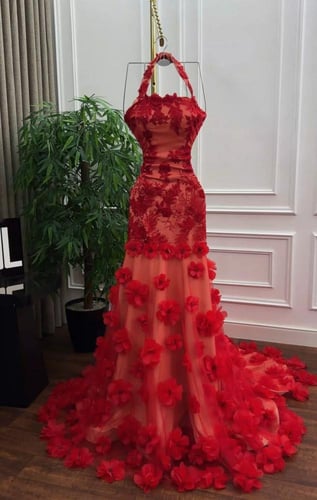 فستان سهره مطرز مورد فخم اسود احمر موف لحمي