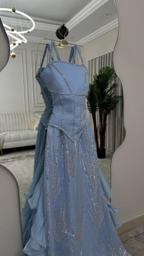 فستان سهره مطرز لحمي سماوي