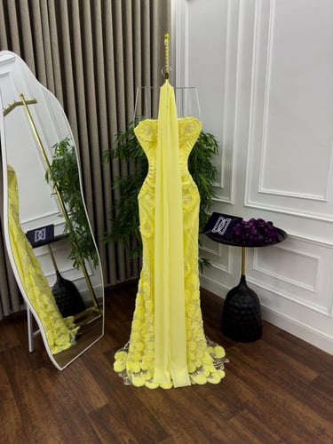 فستان سهره مطرز فخم اصفر لحمي ر