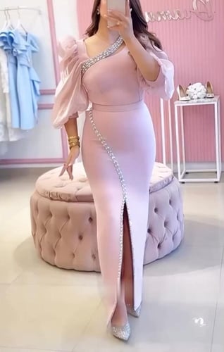 فستان سهره مطرز انيق لحمي