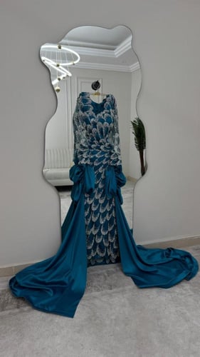 فستان سهره مطرز راقي تركواز