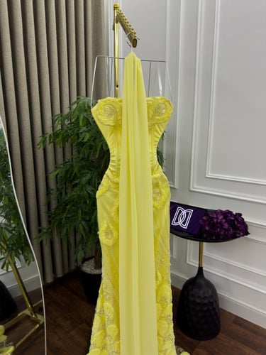 فستان سهره مطرز فخم اصفر لحمي ر