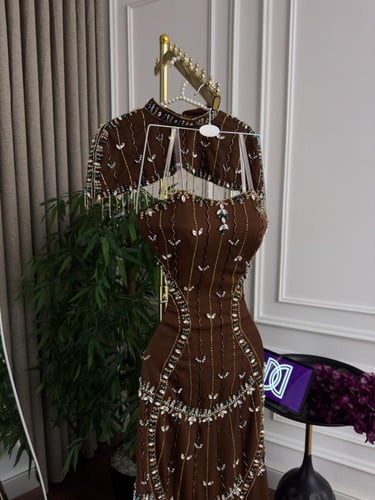 فستان سهره مطرز فخم بني