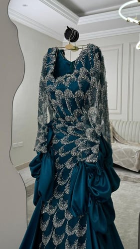 فستان سهره مطرز راقي تركواز