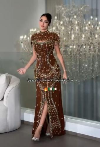 فستان سهره مطرز فخم بني