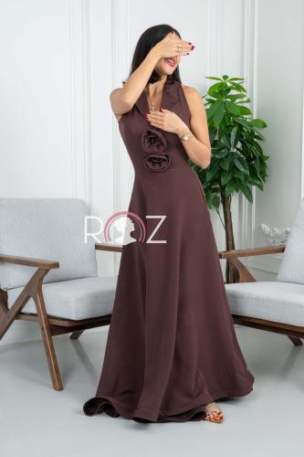 فستان ناعم بني كت مزين بالورد