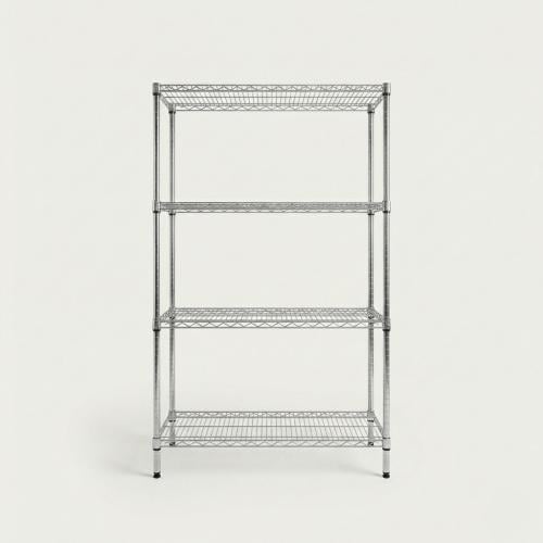 A chrome shelf unit consisting of 4 levels
