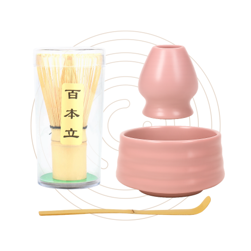 طقم ادوات الماتشا وردي
