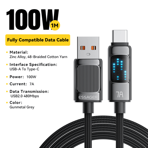 كابل USB-A إلى Type-C بقدرة 100 واط / 7A – شحن سري...
