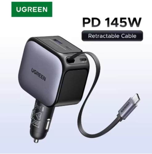 شاحن سيارة UGREEN 145W مع كابل قابل للسحب – 3 مناف...