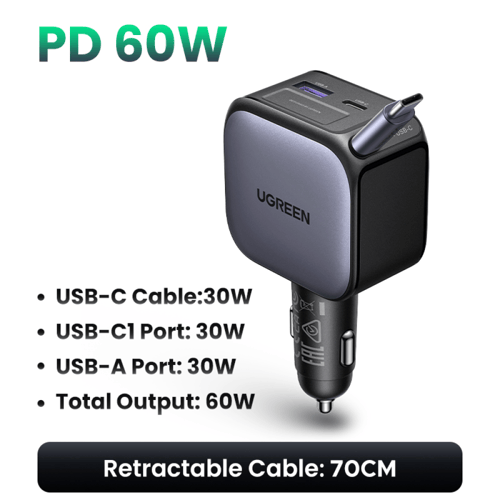 شاحن سيارة UGREEN 145W مع كابل قابل للسحب – 3 مناف...