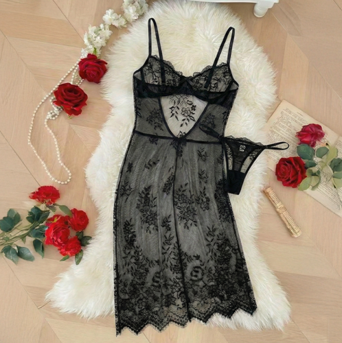 لانجري دانتيل شفاف طويل بتصميم زهري وحمّالات متقاط...