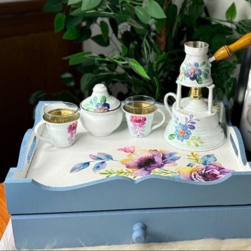 Coffee corner set, hand-drawn design, with a spray...