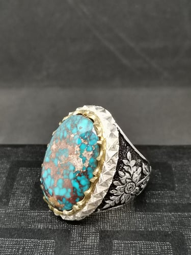 خاتم الفضة بحجر فيروز نيشابوري ايراني بصياغة جراح...