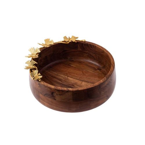 صحن مكسرات خشب بروش فراشة ذهبي