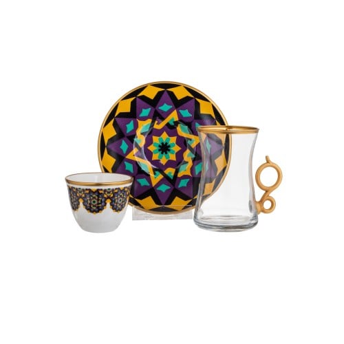 طقم شاي وقهوة زجاج تركي 18 قطعة موف ذهبي