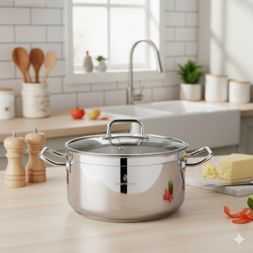 قدر طبخ أطلس استيل تركي غطاء زجاج مقاس 22 سم