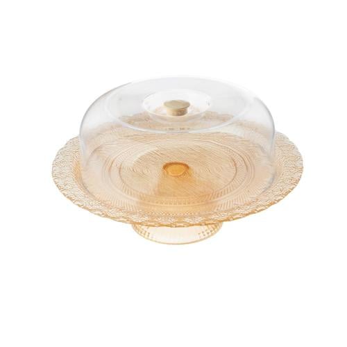 صحن كيك زجاج تركي بقاعدة وغطاء أكليرك عسلي