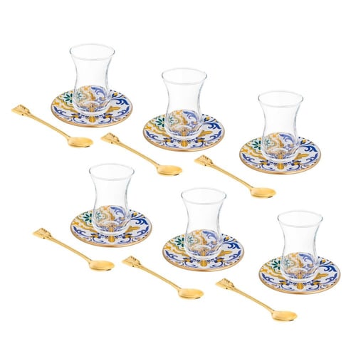 طقم شاي زجاج تركي 18 قطعة بألوان عصرية