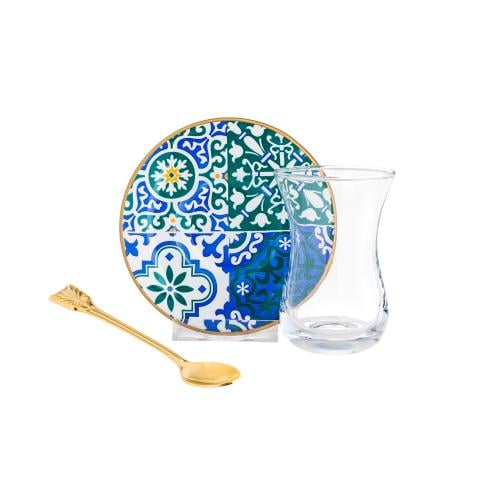 طقم شاي زجاج تركي 18 قطعة بألوان عصرية