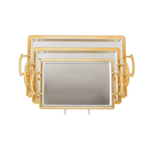 طقم صواني ستيل فضي ذهبي 3 قطع