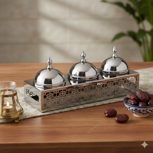 طقم صحون تقديم ستيل مع قاعدة بزخارف اسلامية مقاس 3...