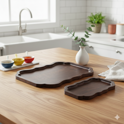 طقم صواني تقديم خشبية قطعتين - بأحجام مختلفة