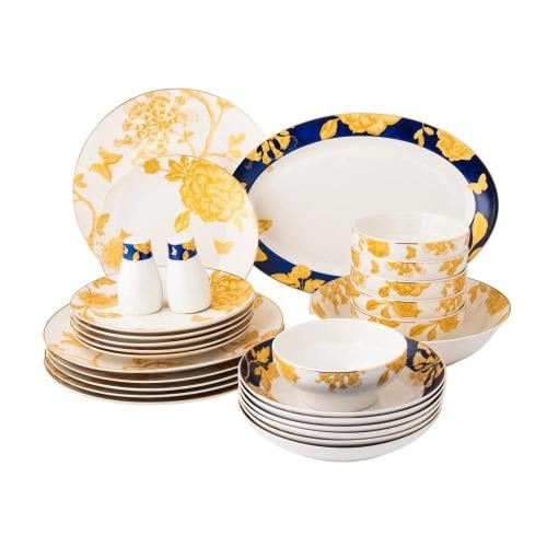 طقم سفرة بورسلين 28 قطعة نقش عسلي أزرق