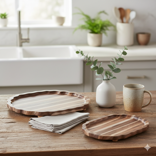Wooden serving tray set two pieces - with different sizes