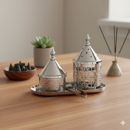 طقم مبخرة مع علبة بخور وقاعدة ستيل بزخارف اسلامية