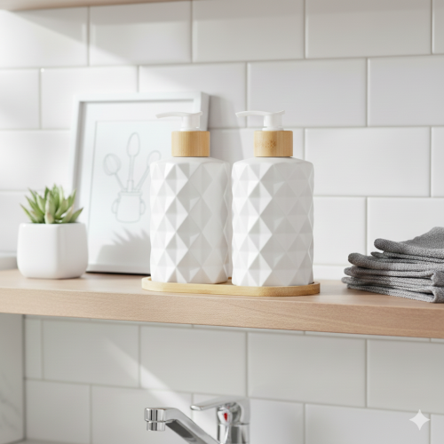 2-piece soap dispenser set with wooden base