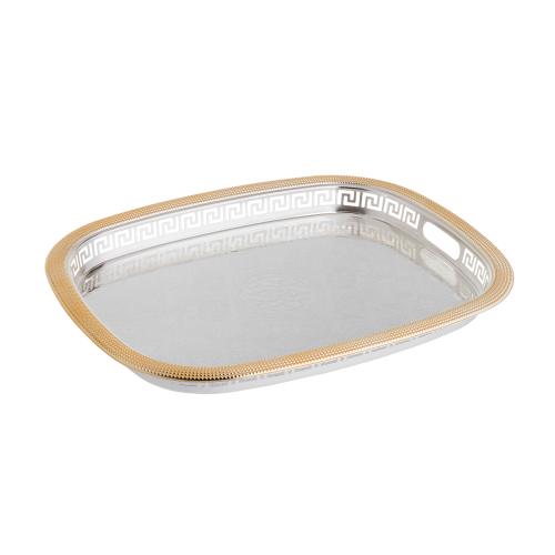 صينية تقديم استيل مستطيلة لون فضي مع ذهبي مقاس