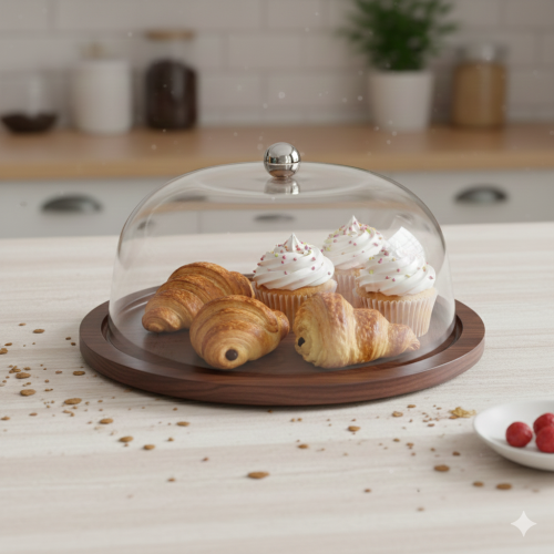 صحن كيك خشب بغطاء أكليرك شفاف 27 سم