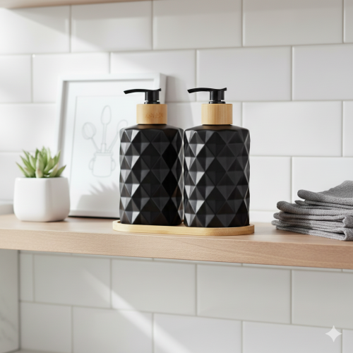 2-piece soap dispenser set with wooden base