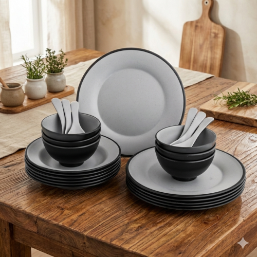طقم عشاء ميلامين 24 قطعة 6 أشخاص لون رمادي/أسود