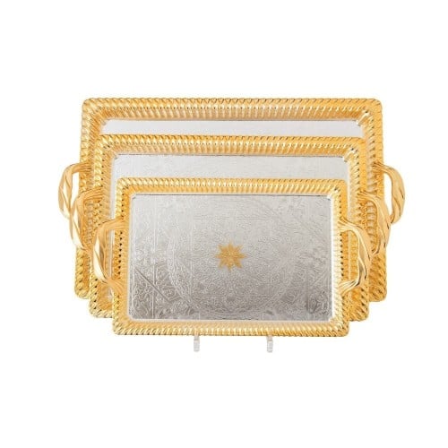 طقم صواني ستيل فضي ذهبي 3 قطع