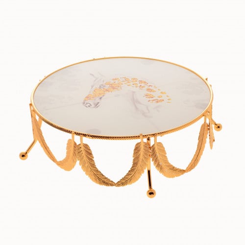 صحن تقديم زجاج ستاند معدن ذهبي المهرة