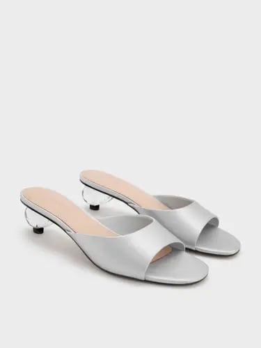 Satin Crystal-Heel Mules - Silver - 40 المقاس