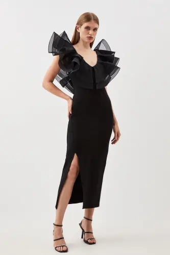 KarenMillen Ponte And Organza Frill Split Detail Maxi Dress