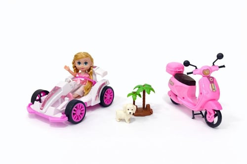 طقم ألعاب العروسة باربي مع سيارة سباق وسكوتر وردي...