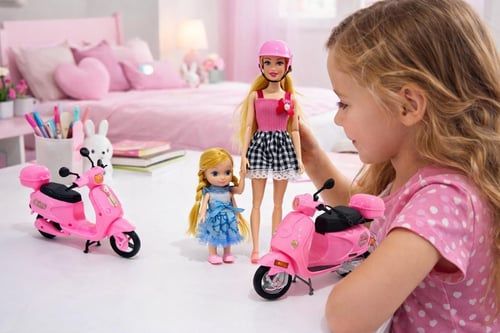 مجموعة دمية باربي مع دراجة نارية وسكوتر وردي وإكسس...