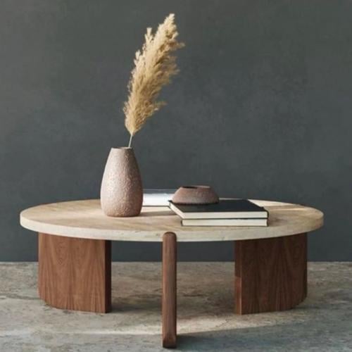 طاولة قهوة رخام ترافنتينو بقواعد خشب