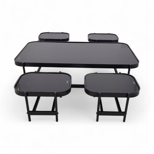 طقم طاولات خدمة 5 قطع بسطح زجاج على قاعدة حديد أسو...