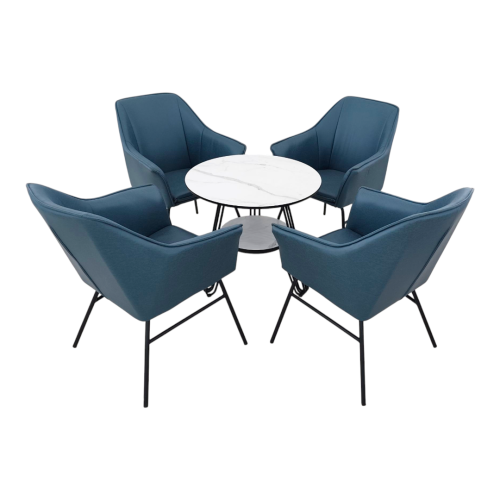 طقم جلسة كوفي 1+4 فاخر بلون أزرق جلد مع قاعدة حديد