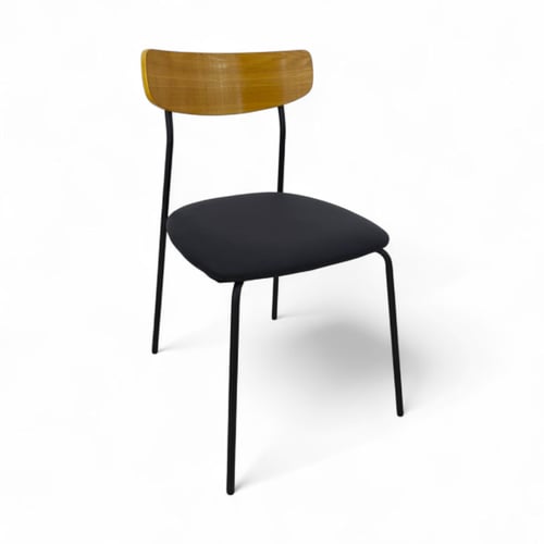 كرسي بلمسة خشبية جلسة جلد وقاعدة حديد