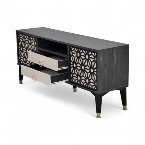 طاولة شاشة خشب لون رمادي وأرجل سوداء أنيقة