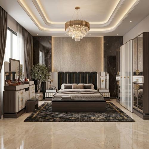 طقم غرفة نوم 9 قطع بتصميم فاخر مع إضاءات ليد